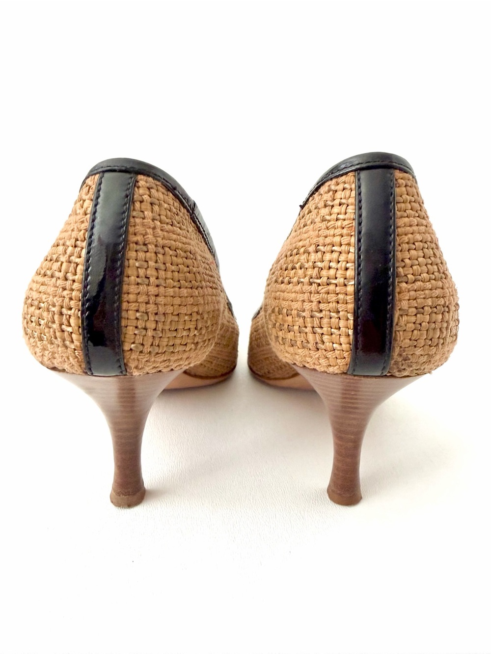 PRADA | Vintage Raffia Woven Leather Tan Pointed Toe Kitten Heel Pumps EU 37 - Picture 12 of 14